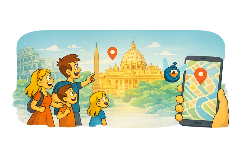 Illustration of a family and a map